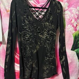 Women's Black Long-Sleeve V-Neck Top with Crisscross Back